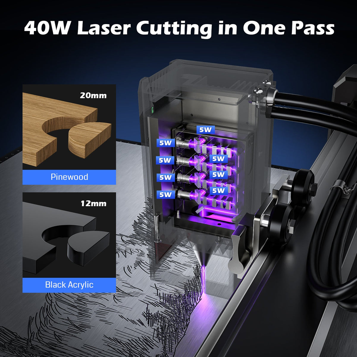 Genmitsu L8 40W laser module and pinewood and black acrylic cutting examples