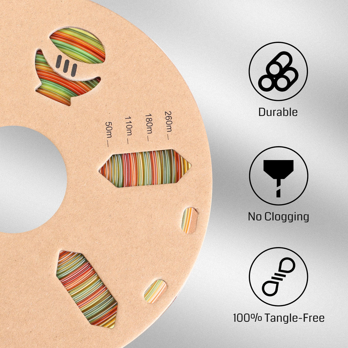 Rear view of a spool showing rainbow filament colors