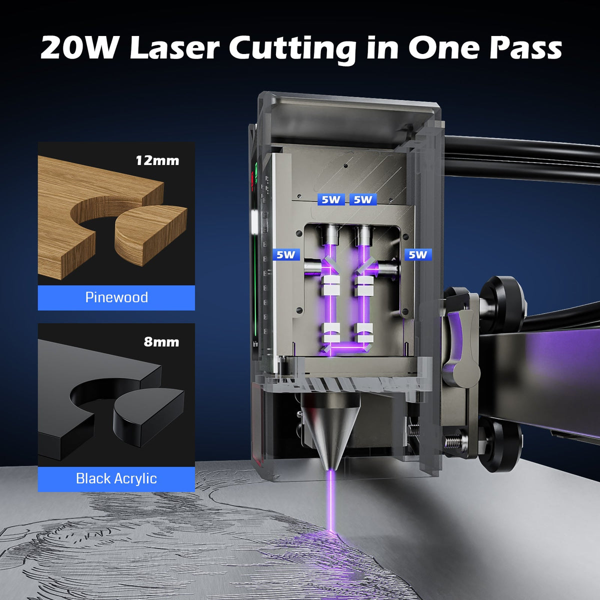 Genmitsu L8 20W laser module and pinewood and black acrylic cutting examples