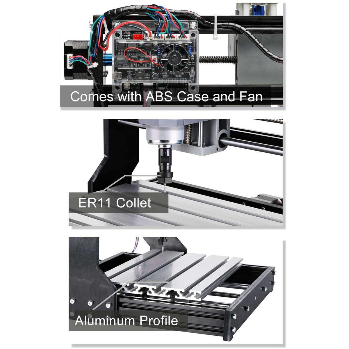 Genmitsu 3018-PRO controller housing, ER11 collet and aluminum bed details