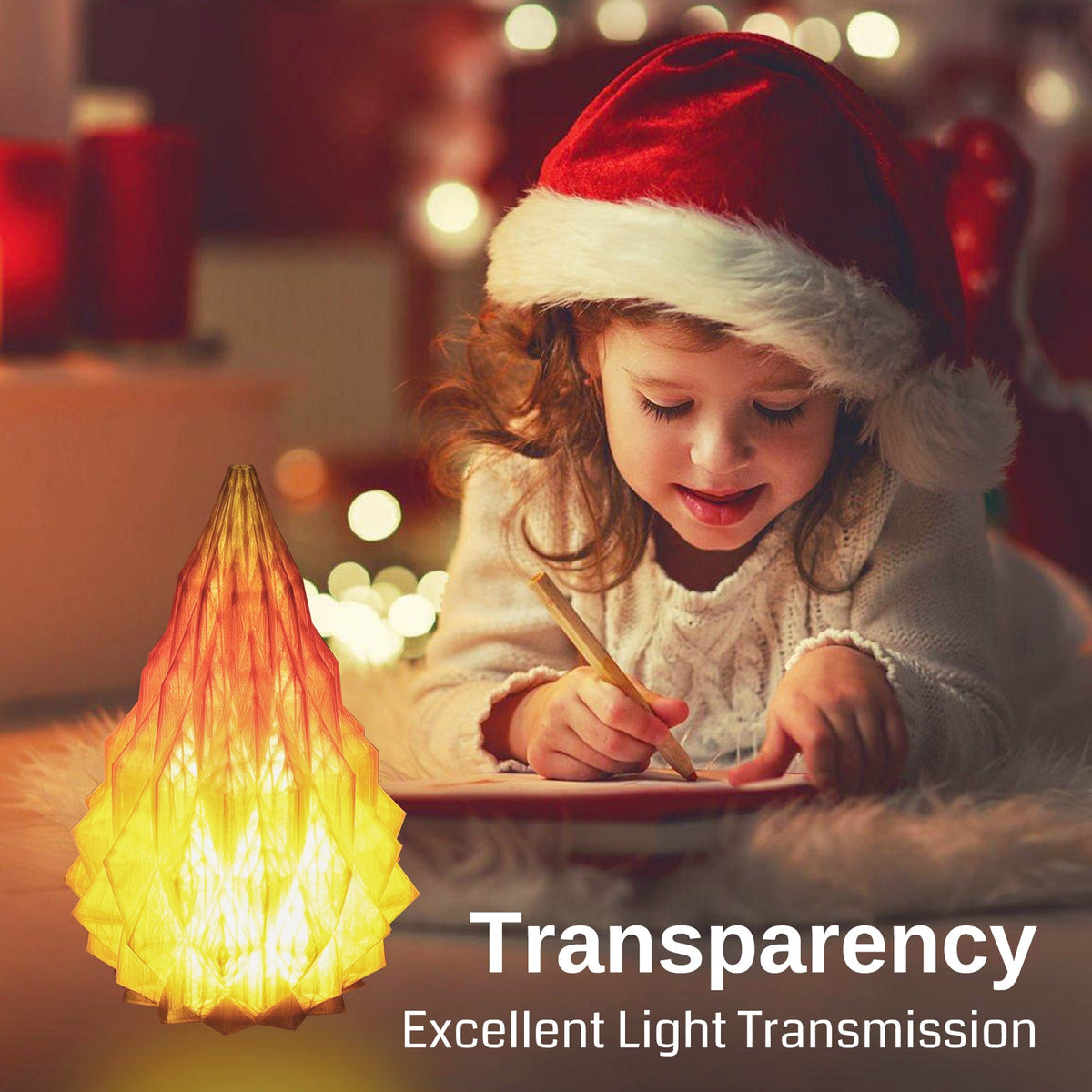 Child beside an illuminated example printed decoration