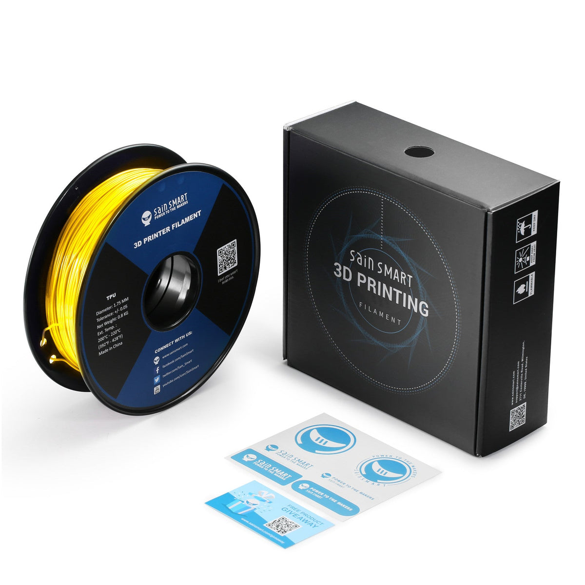 SainSmart Neon Yellow TPU spool beside its black retail box
