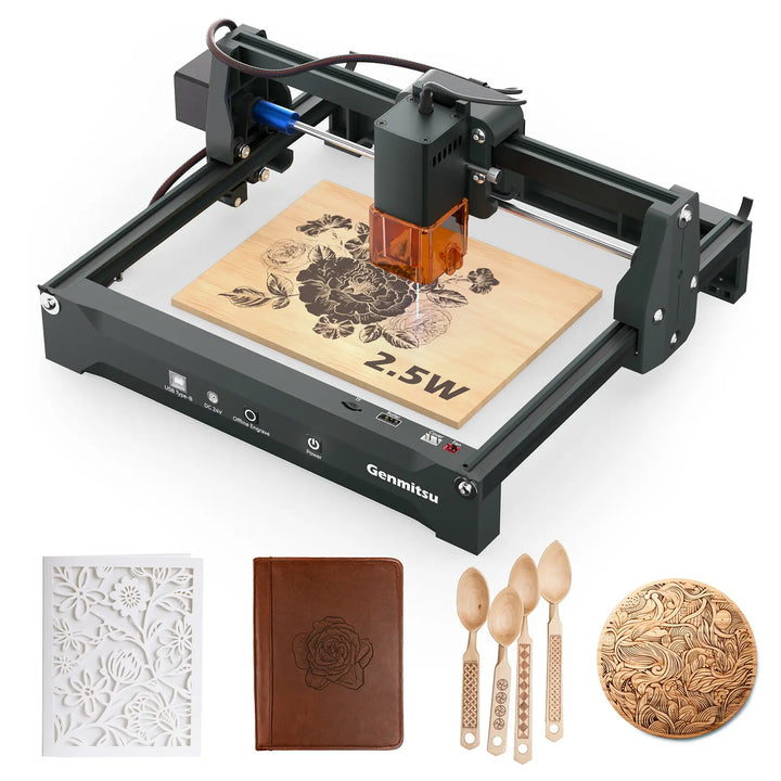 Genmitsu Kortek 2.5W laser engraver with an open frame and floral engraving example