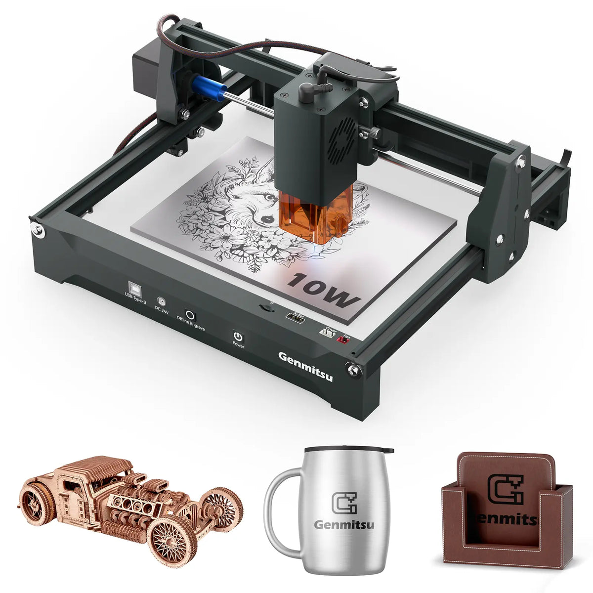Genmitsu Kortek 10W laser engraver with a wolf engraving example