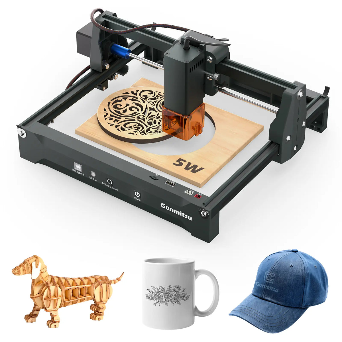 Genmitsu Kortek 5W laser engraver with a patterned circular cutting example