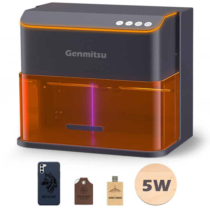 Genmitsu Kintix 5W engraver with orange protective shield and example projects
