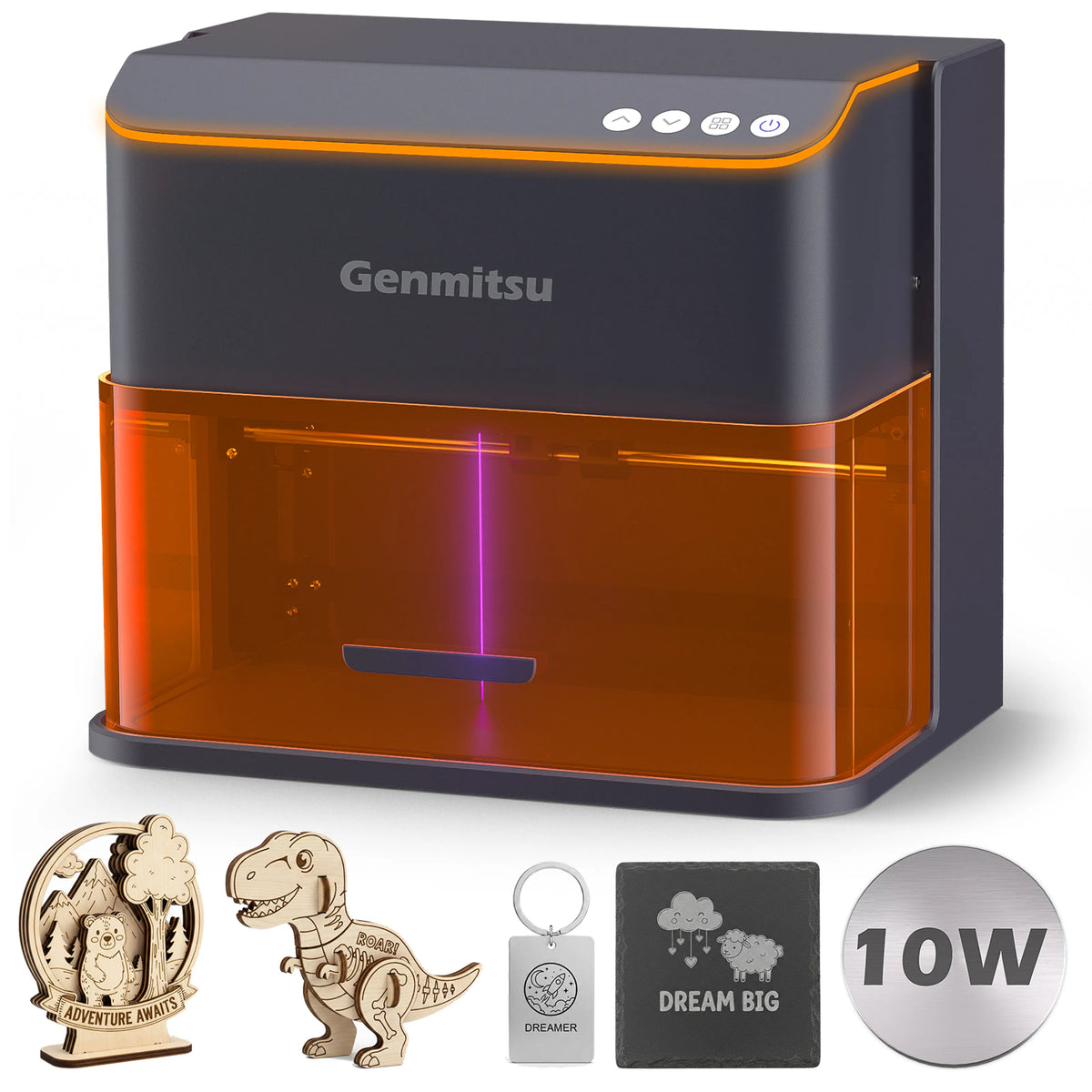 Genmitsu Kintix 10W engraver with sample engraved and cut projects