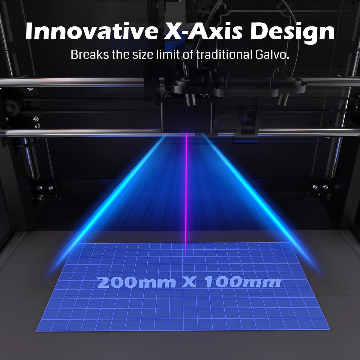 Kintix hybrid galvo laser work area measuring 200 by 100 millimeters