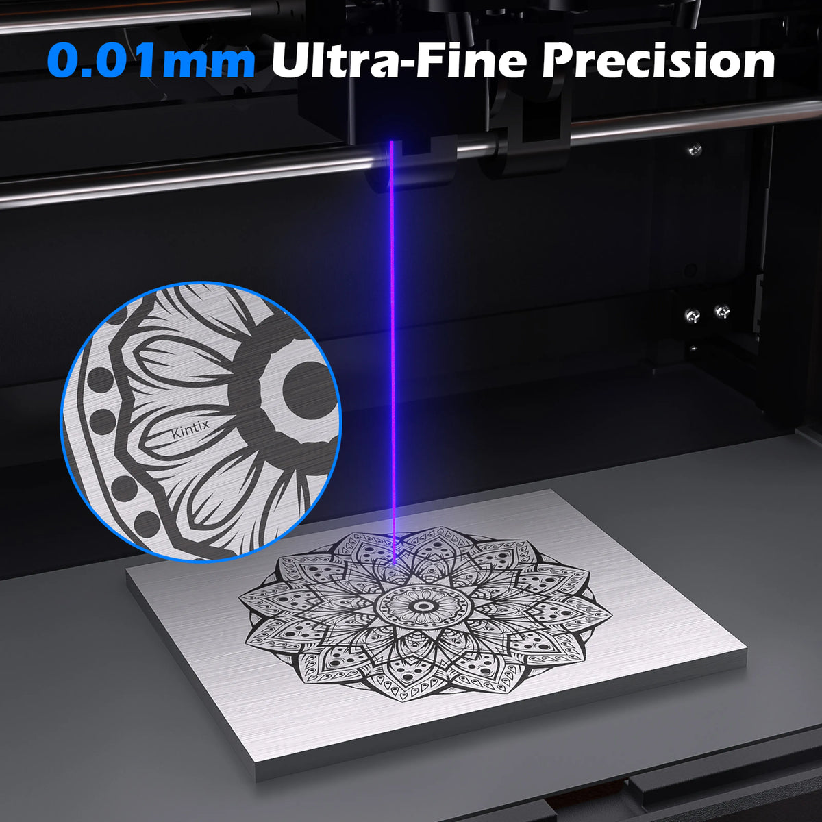Kintix engraving head above a decorative sample pattern