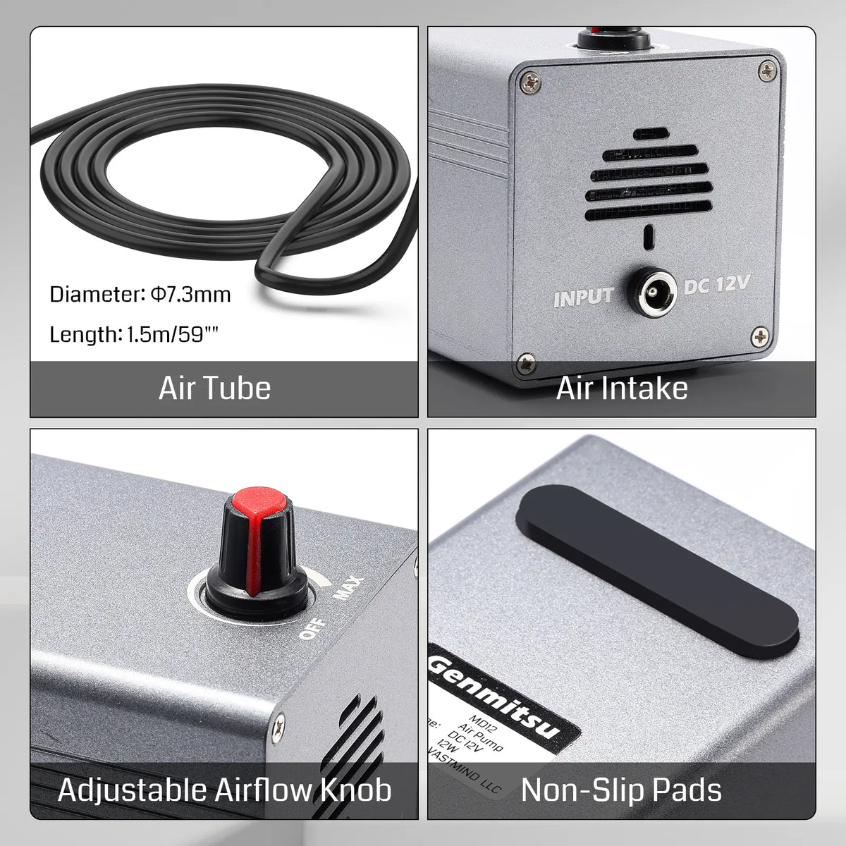 Air-assist pump detail views of hose, power input, control knob and base
