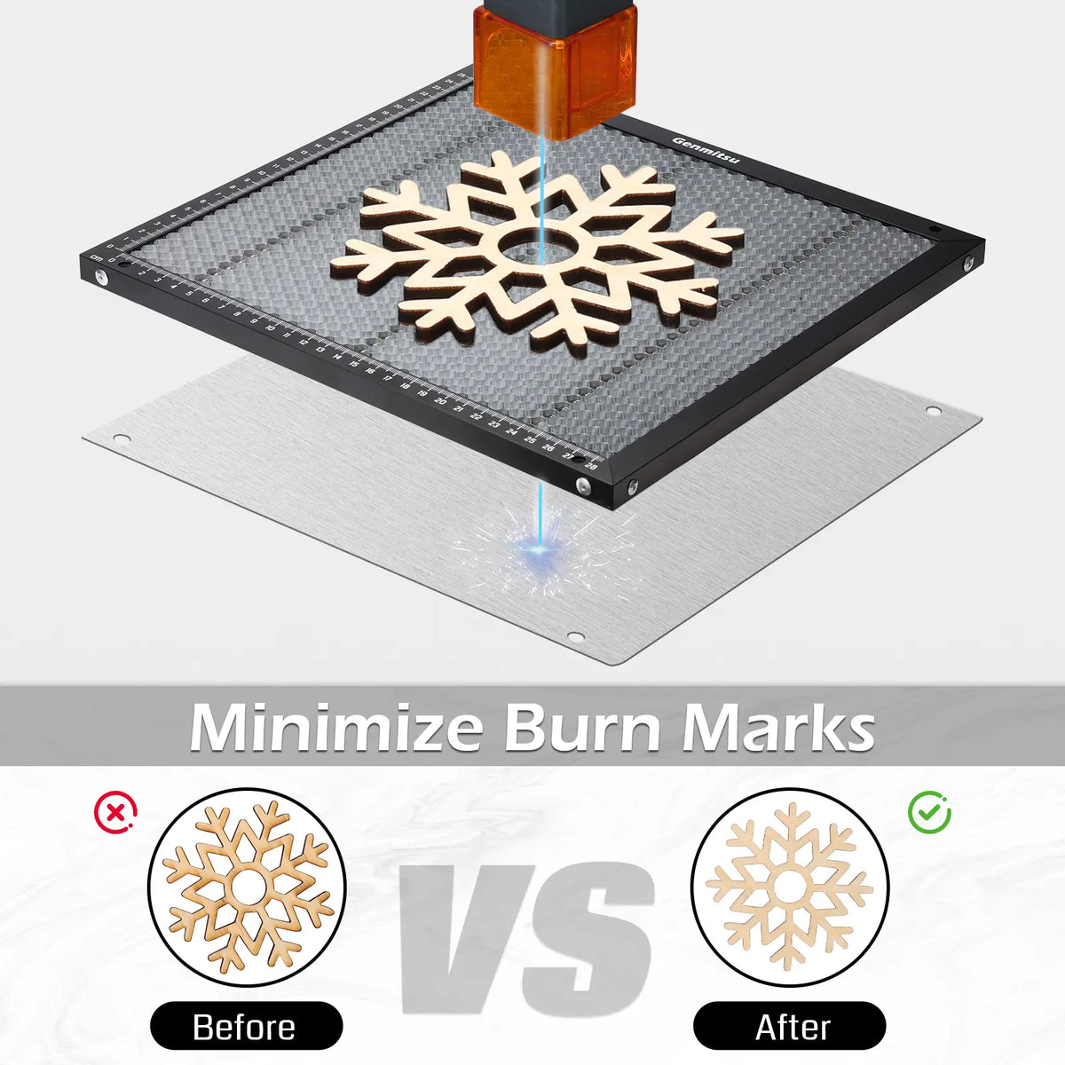 Genmitsu Kortek honeycomb bed and backing plate beneath a laser-cut snowflake