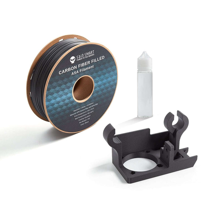SainSmart black ASA-CF spool with example printed bracket and adhesive bottle