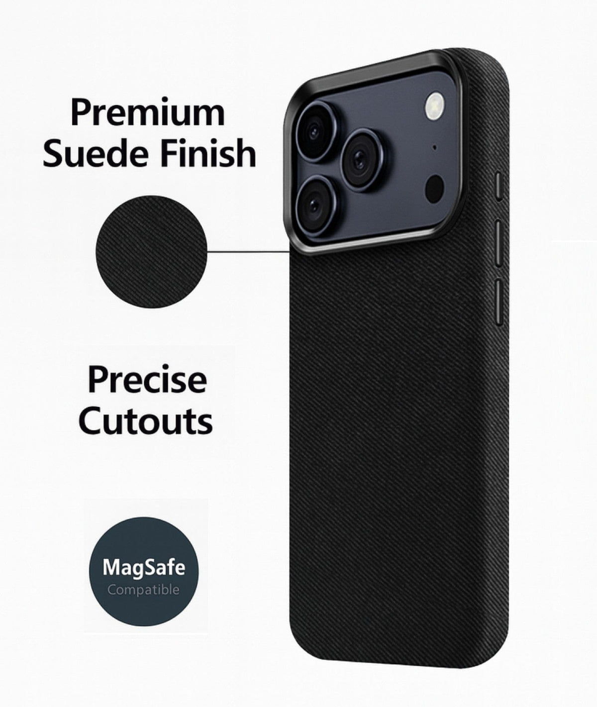 SaharaCase Indy Suede Leather Case for iPhone 17 Pro Max — black feature graphic