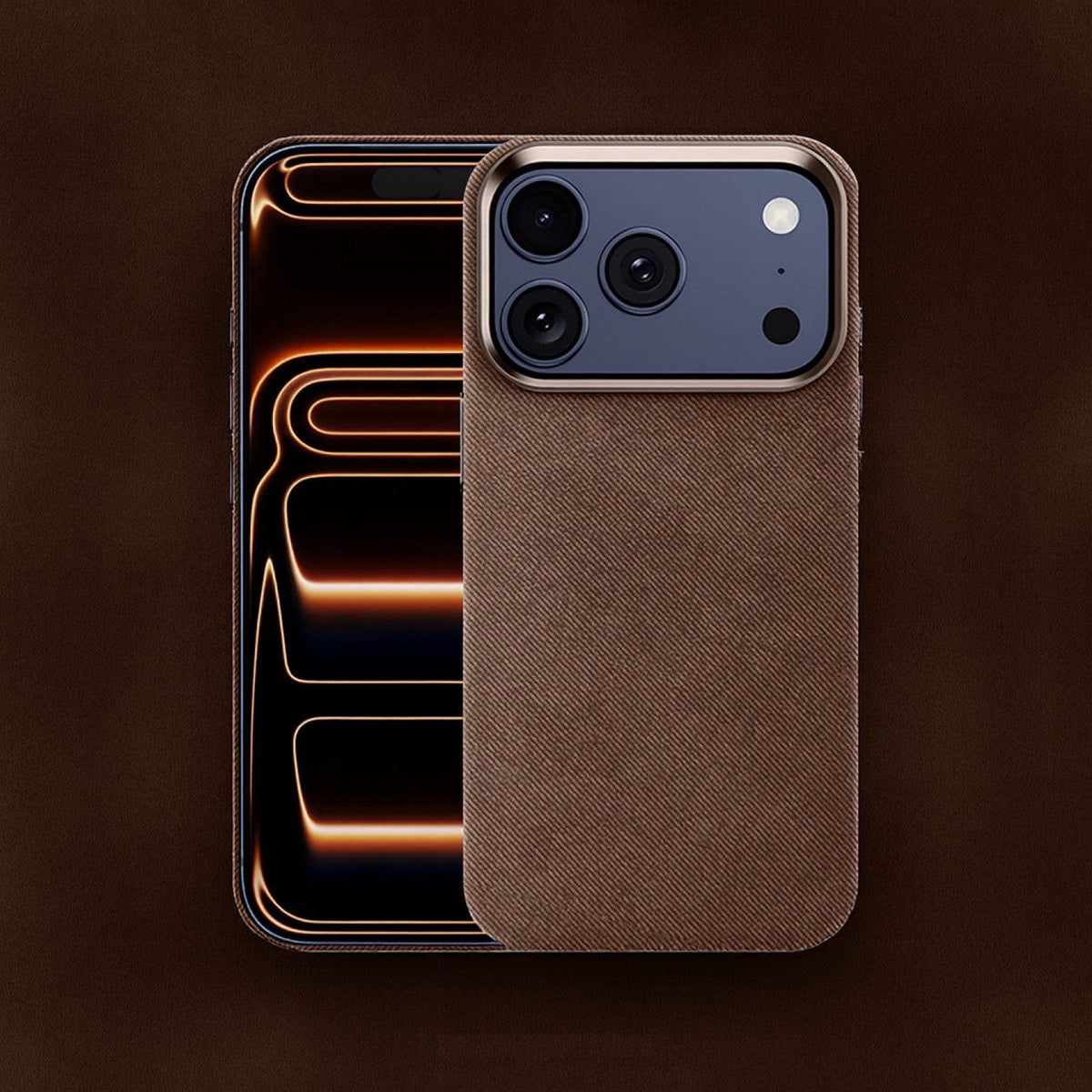 SaharaCase Indy Suede Leather Case for iPhone 17 Pro Max — brown front and rear views