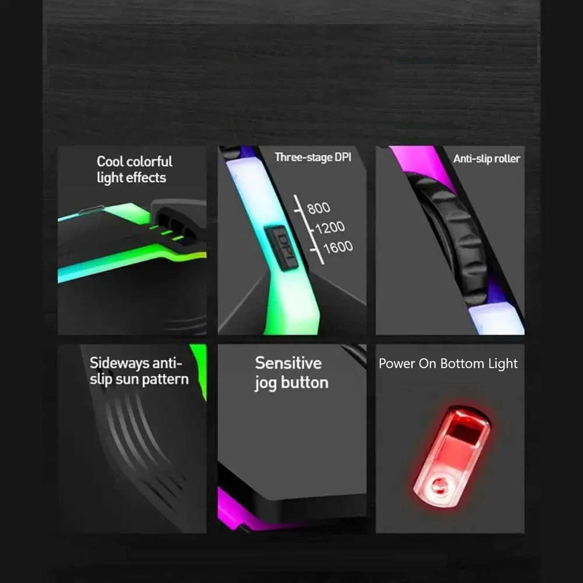 Black RGB mouse lighting, sensitivity and underside details