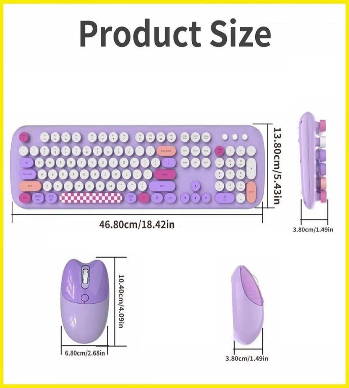 Purple KB12 keyboard and mouse dimension diagram