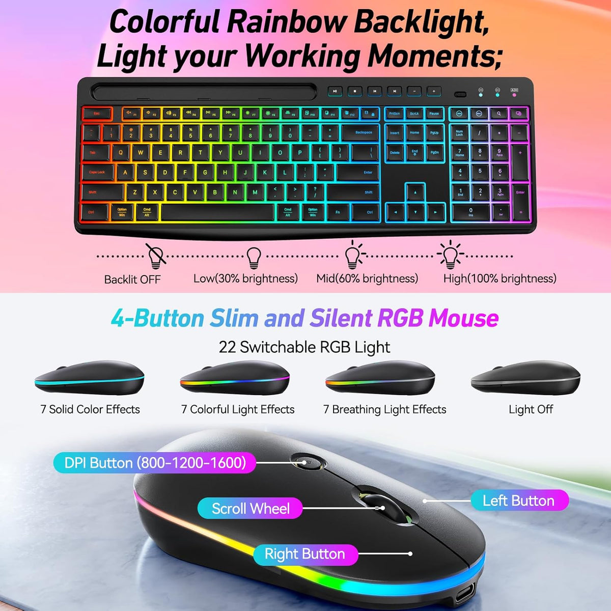 KB19 keyboard lighting levels and mouse buttons and sensitivity settings