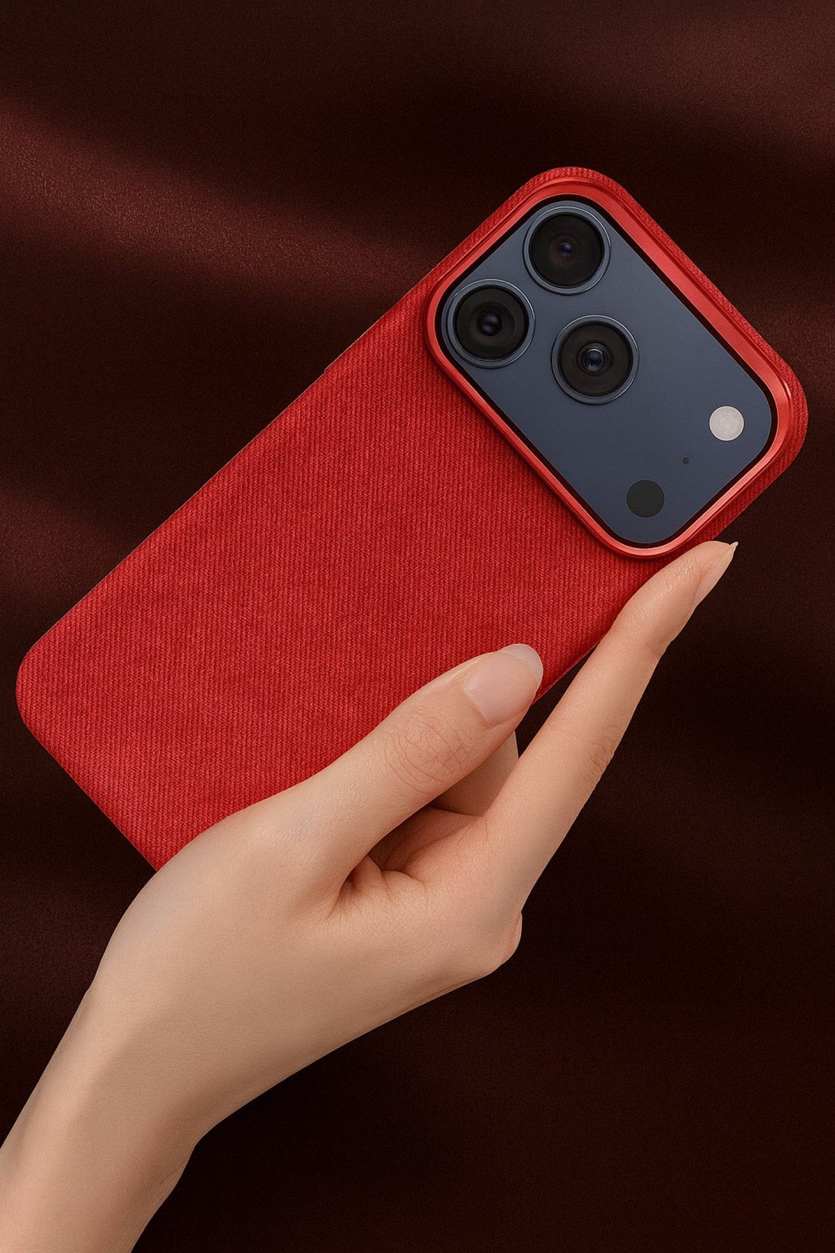 SaharaCase Indy Suede Leather Case for iPhone 17 Pro Max — red case held in hand