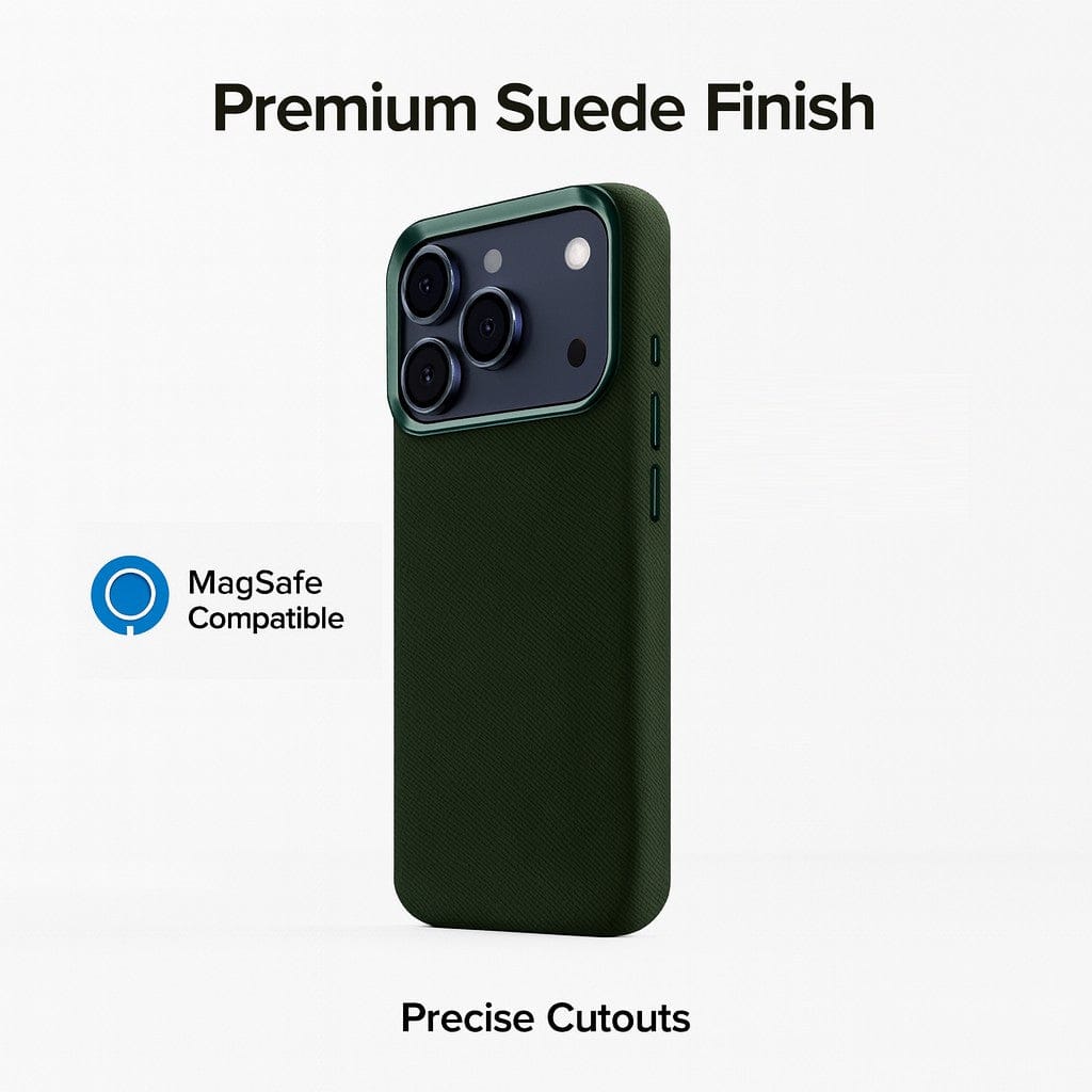 SaharaCase Indy Suede Leather Case for iPhone 17 Pro Max — green feature graphic