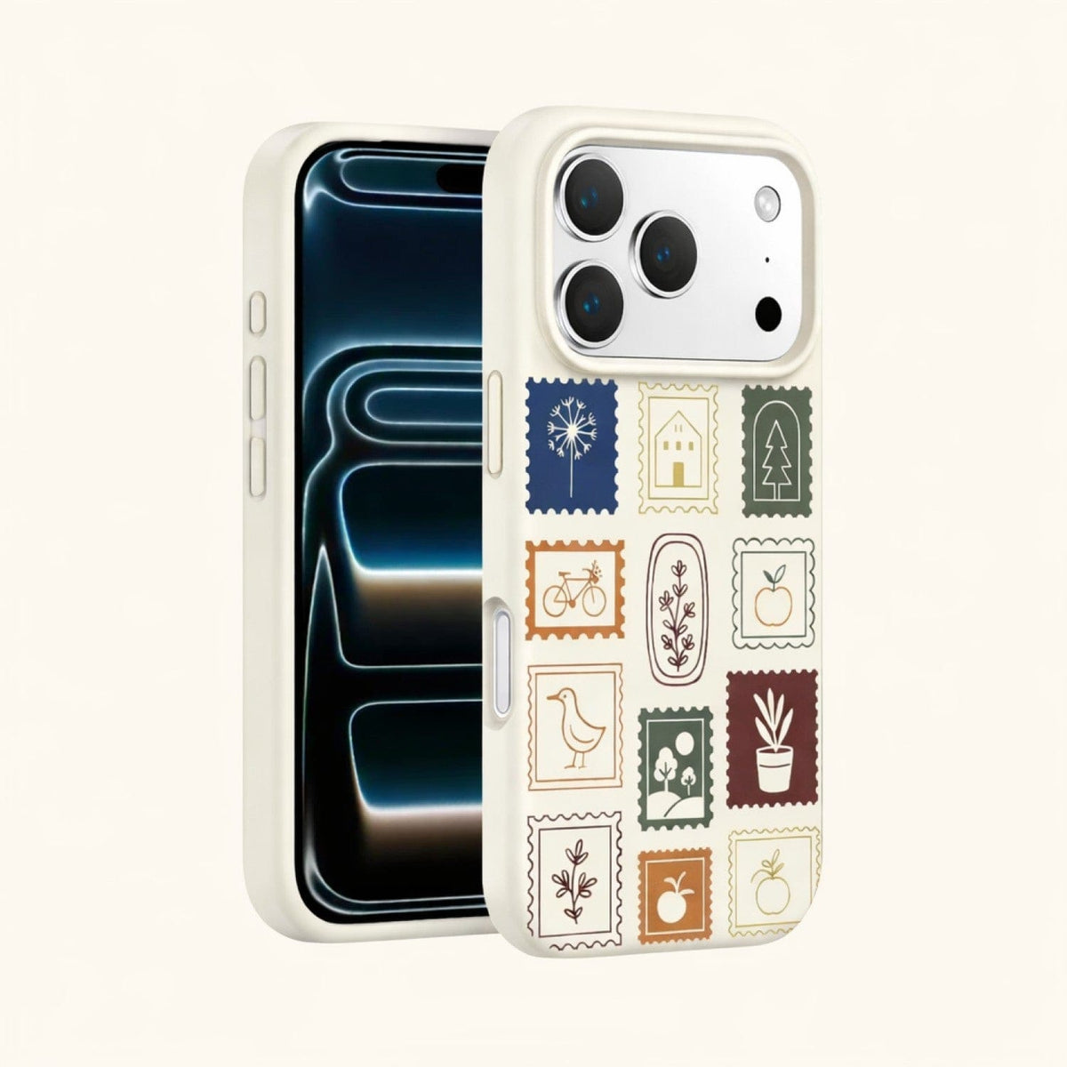 SaharaCase Inspire Silicone Case for iPhone 17 Pro — multicolor stamp patterned front and rear views on background