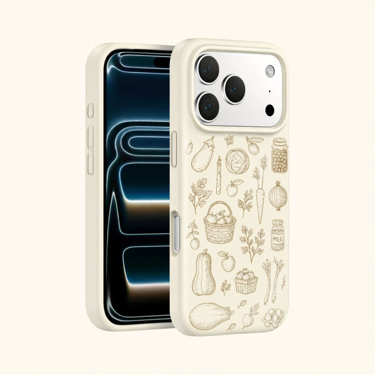 SaharaCase Inspire Silicone Case for iPhone 17 Pro — beige illustrated front and rear views on background