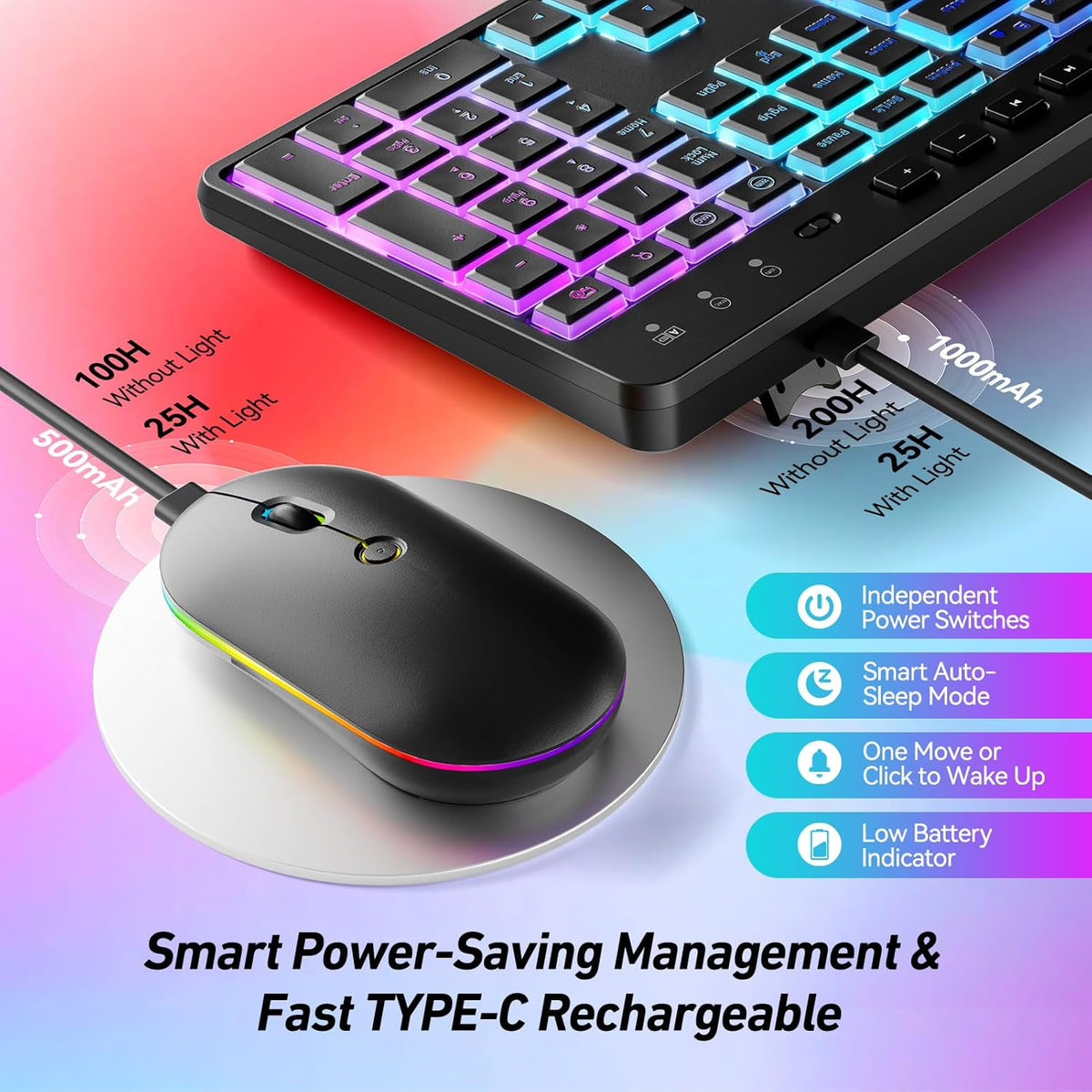 KB19 rechargeable keyboard and mouse power-management diagram