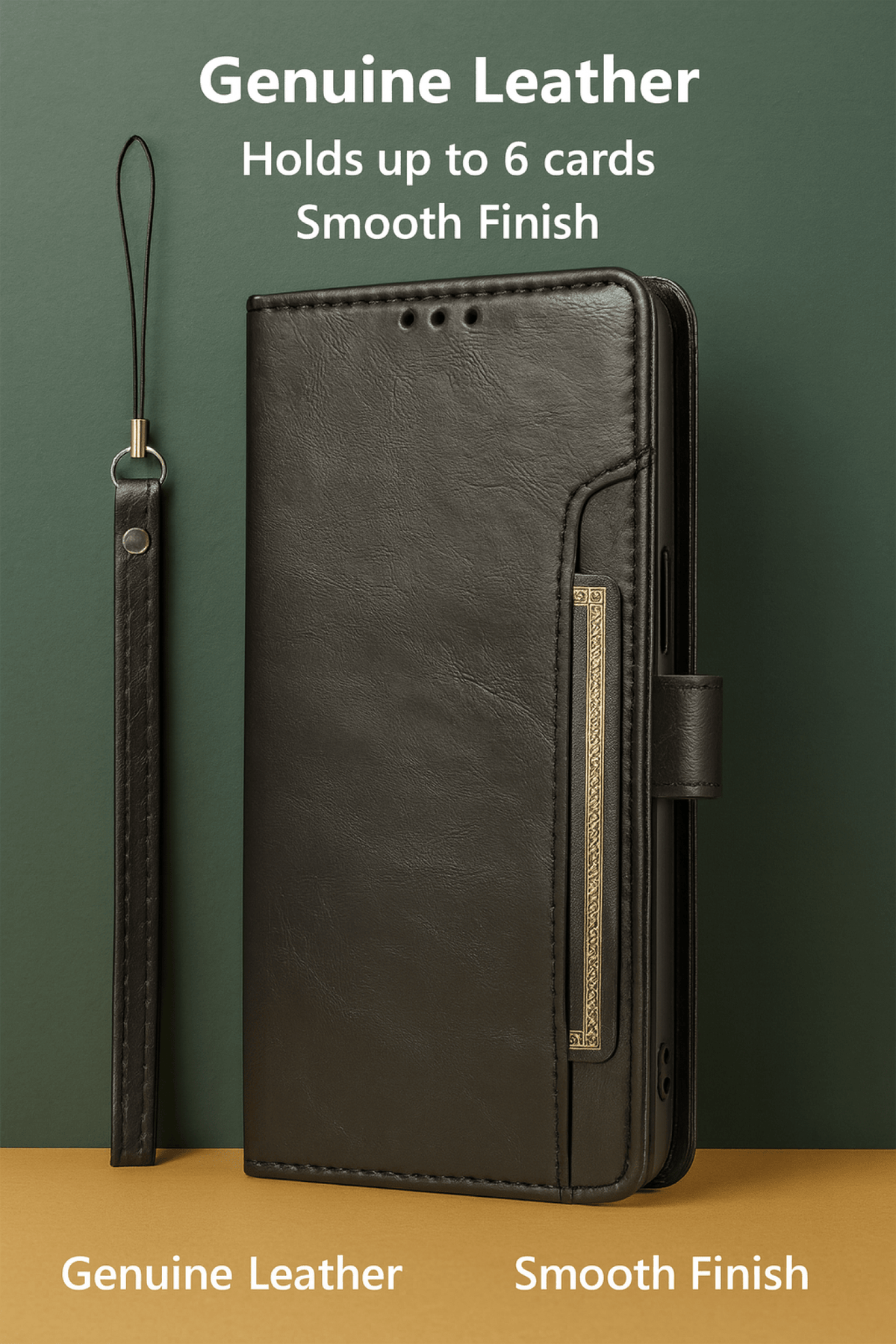 SaharaCase Indy MagSafe-Compatible Leather Folio Wallet Case for iPhone 17 Pro Max — leather and card storage illustration