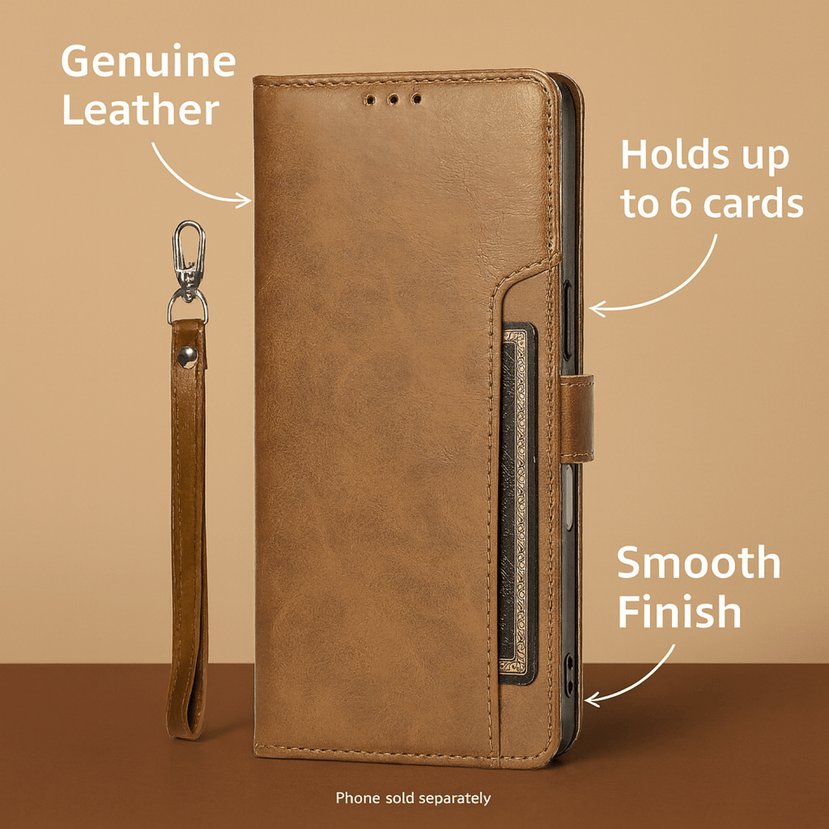 SaharaCase Indy Leather Folio Wallet Case for iPhone 17 Pro — brown card capacity graphic