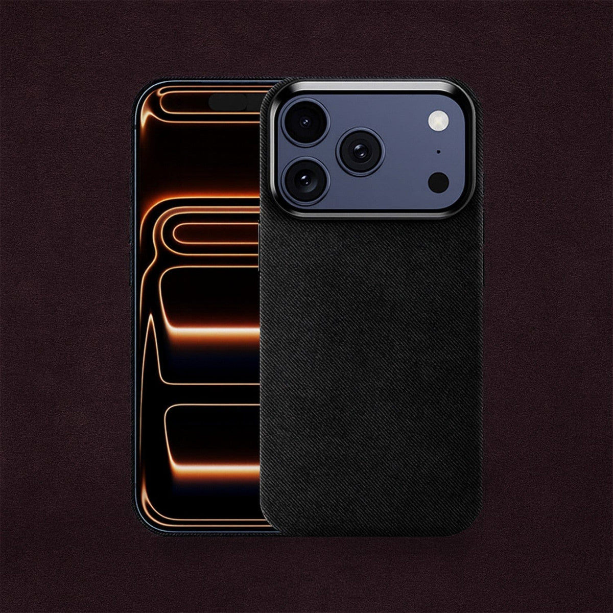 SaharaCase Indy Suede Leather Case for iPhone 17 Pro Max — black front and rear views