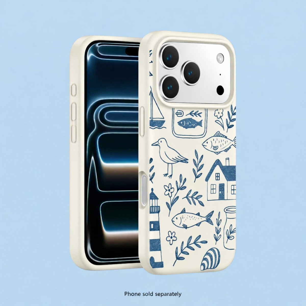 SaharaCase Inspire Silicone Case for iPhone 17 Pro — blue travel patterned front and rear views on background