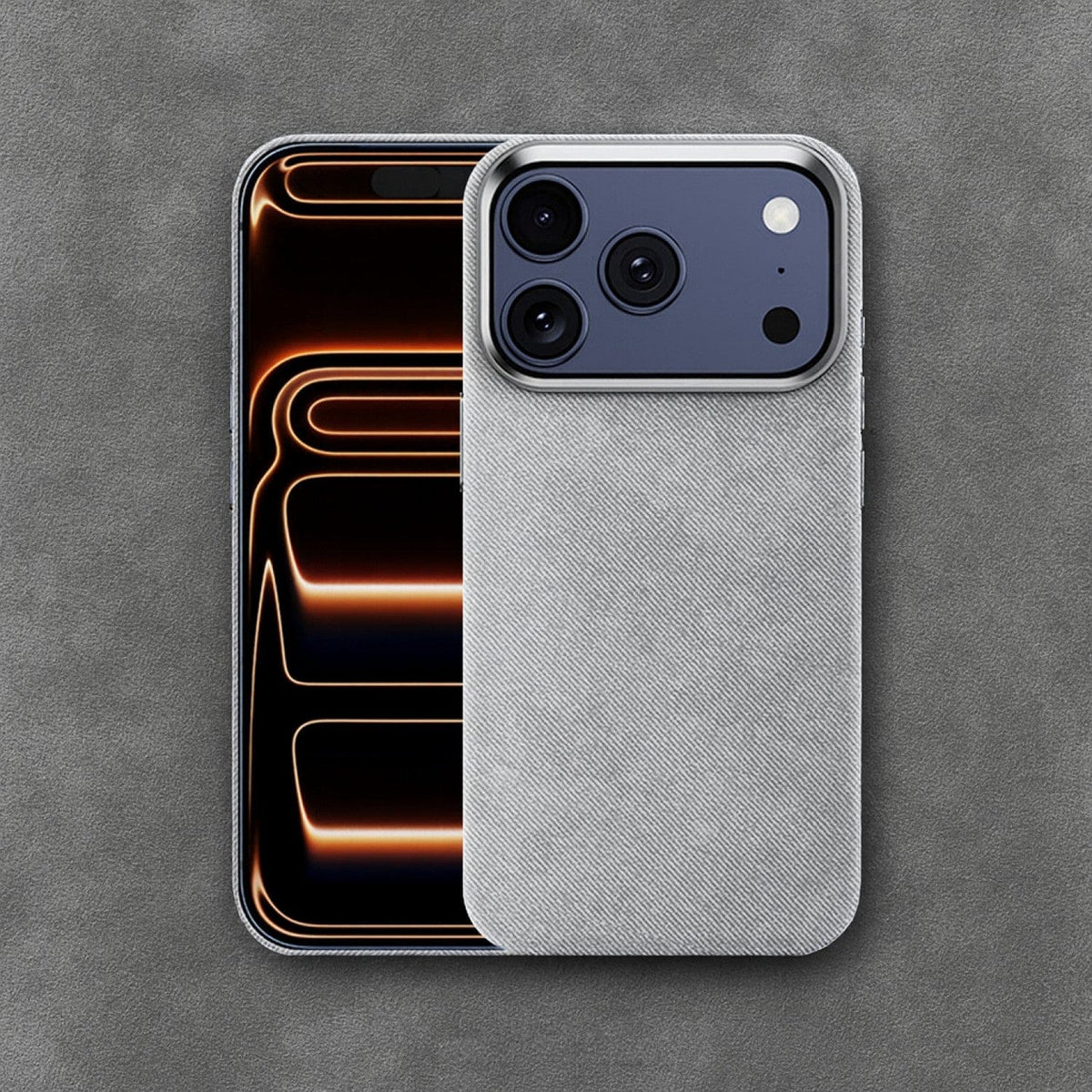 SaharaCase Indy Suede Leather Case for iPhone 17 Pro Max — gray front and rear views