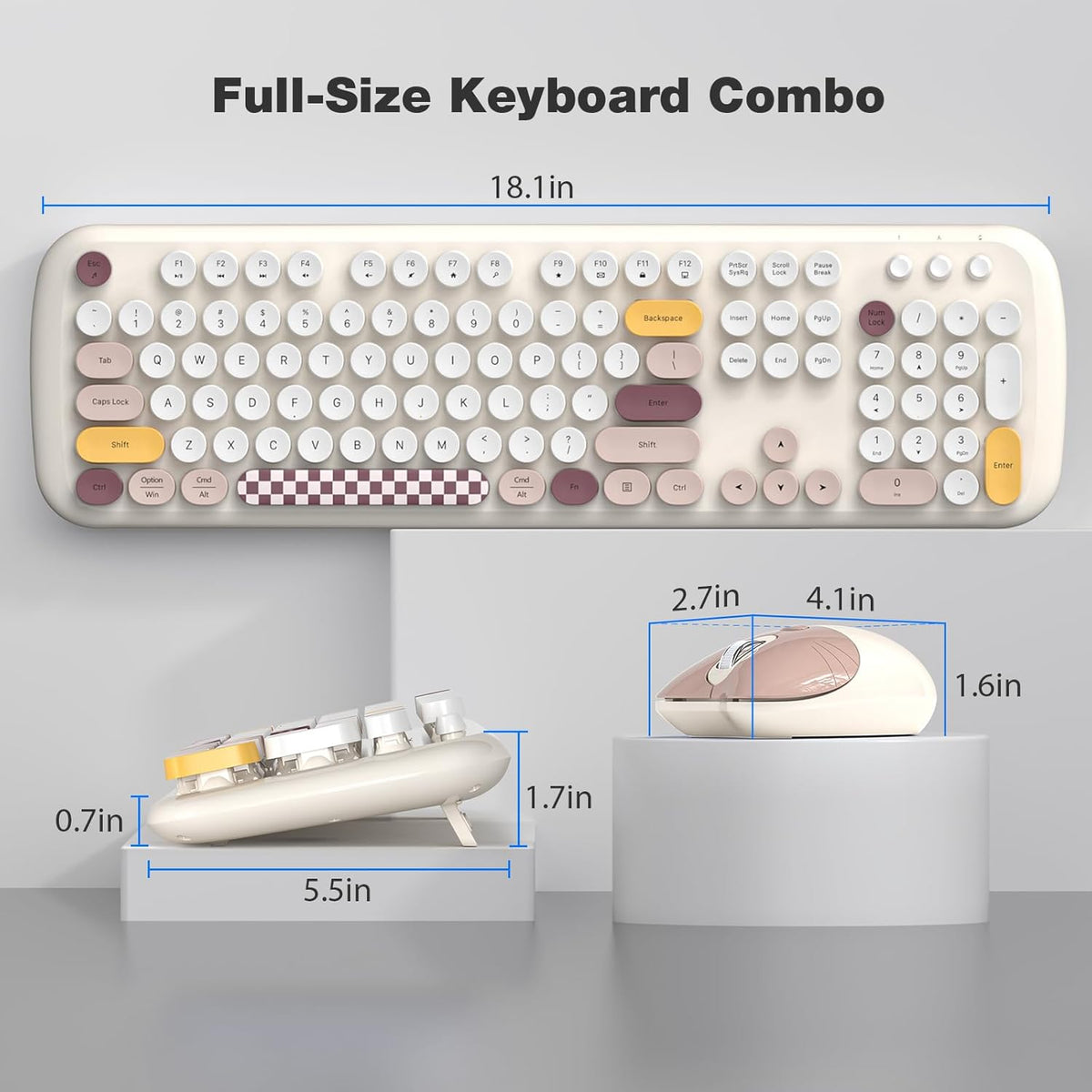 Beige KB8 full-size keyboard and mouse dimension diagram