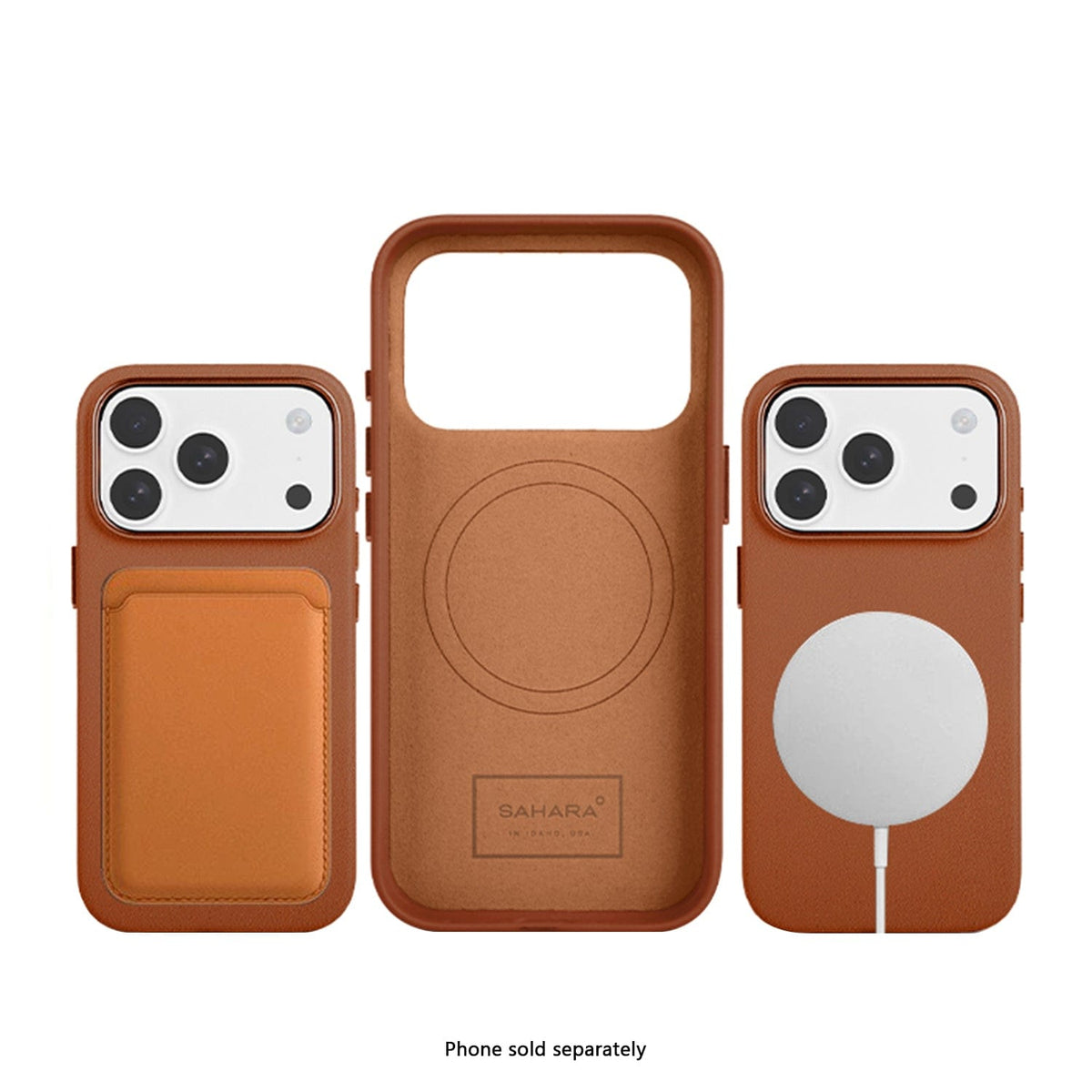 SaharaCase Indy Vegan Leather Case for iPhone 17 Pro — brown MagSafe accessory examples