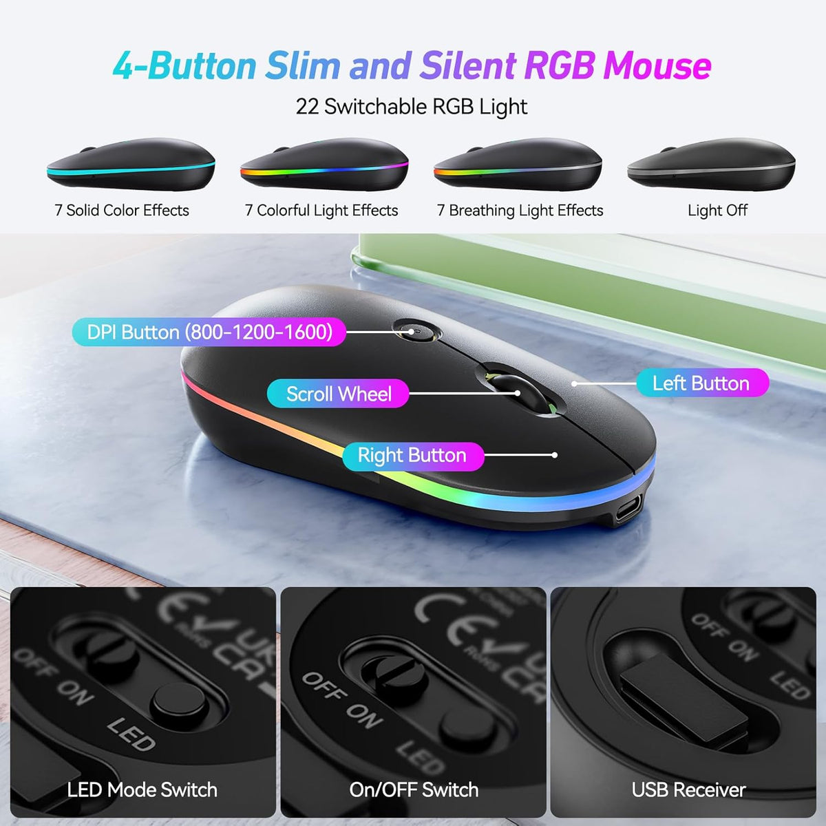 KB19 mouse RGB modes, DPI control, power switch and receiver compartment