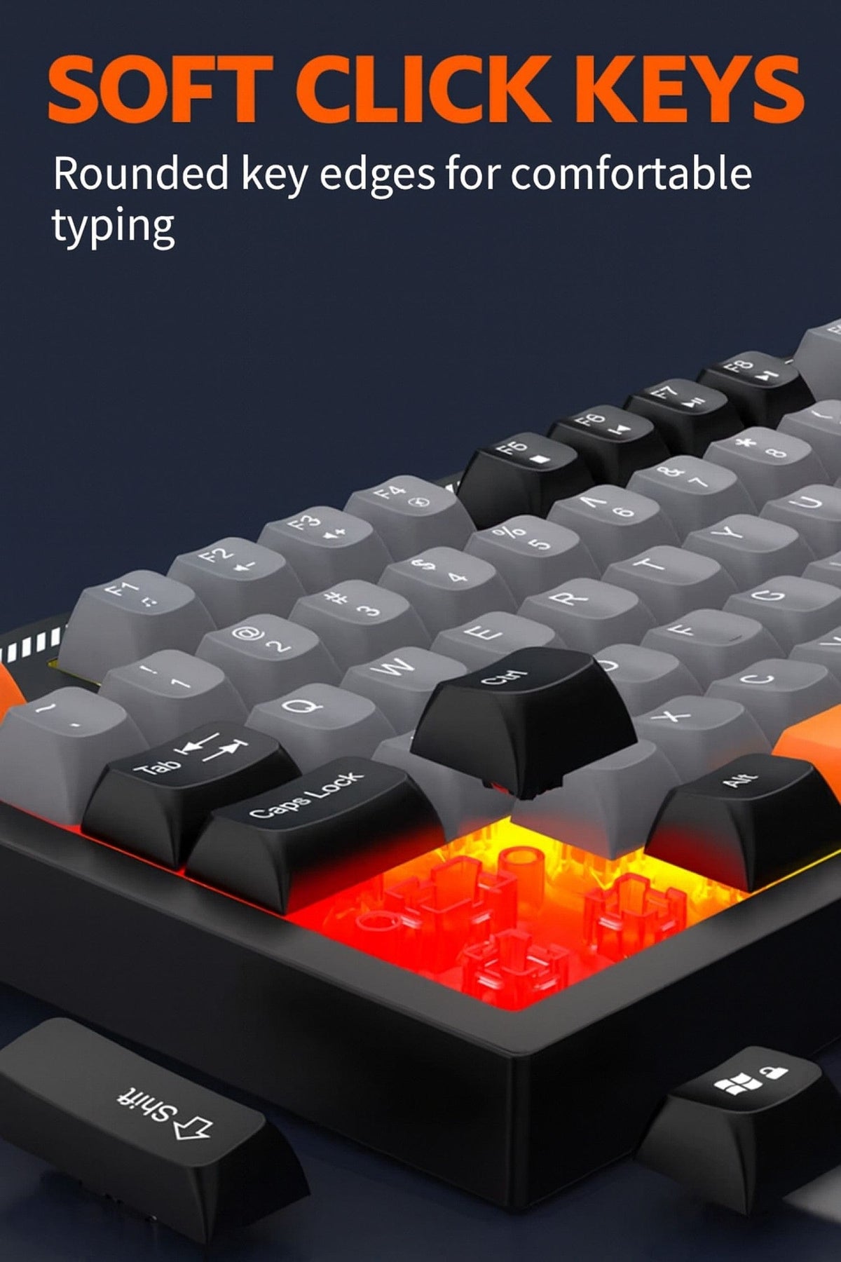 Close-up of rounded keyboard keycaps and illuminated switch area