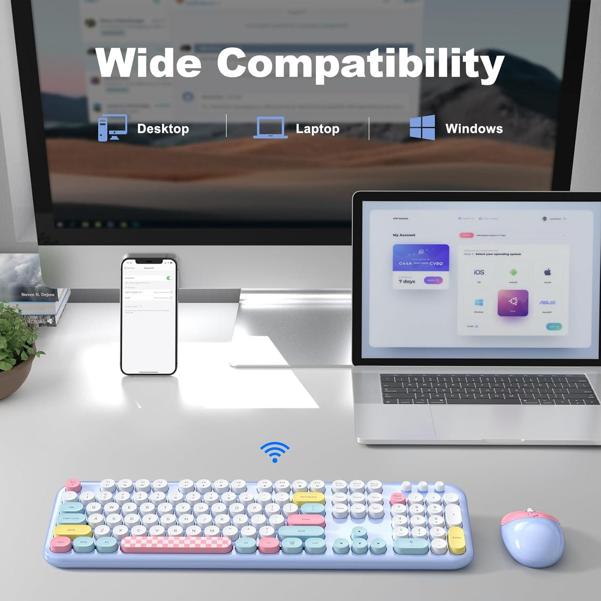 Blue KB11 keyboard compatibility illustration with devices sold separately