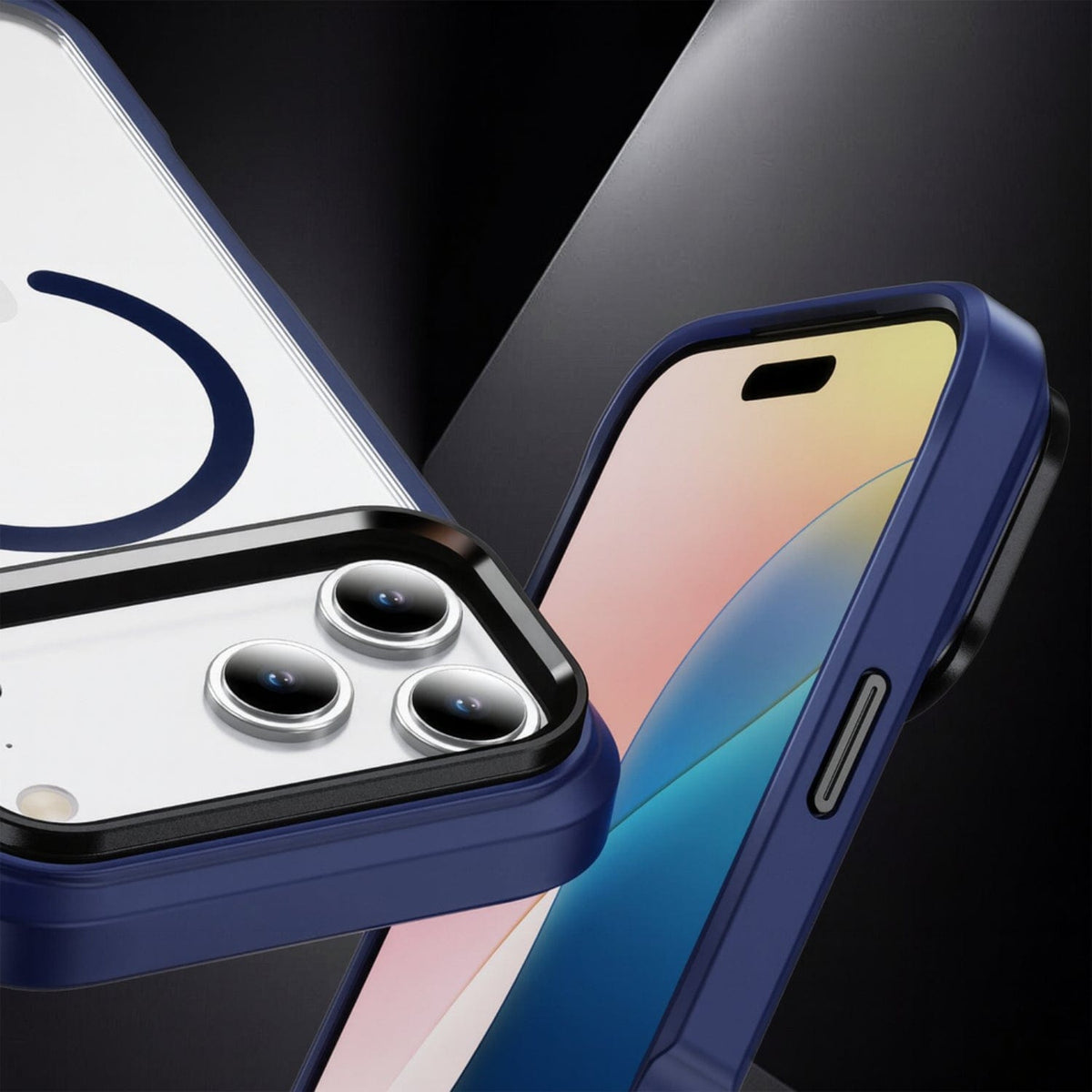 SaharaCase Raider Clear Back Case for iPhone 17 Pro — blue screen and camera close-up