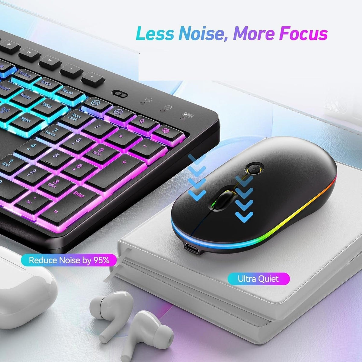 KB19 low-profile illuminated keys and mouse shown in a quiet-work illustration