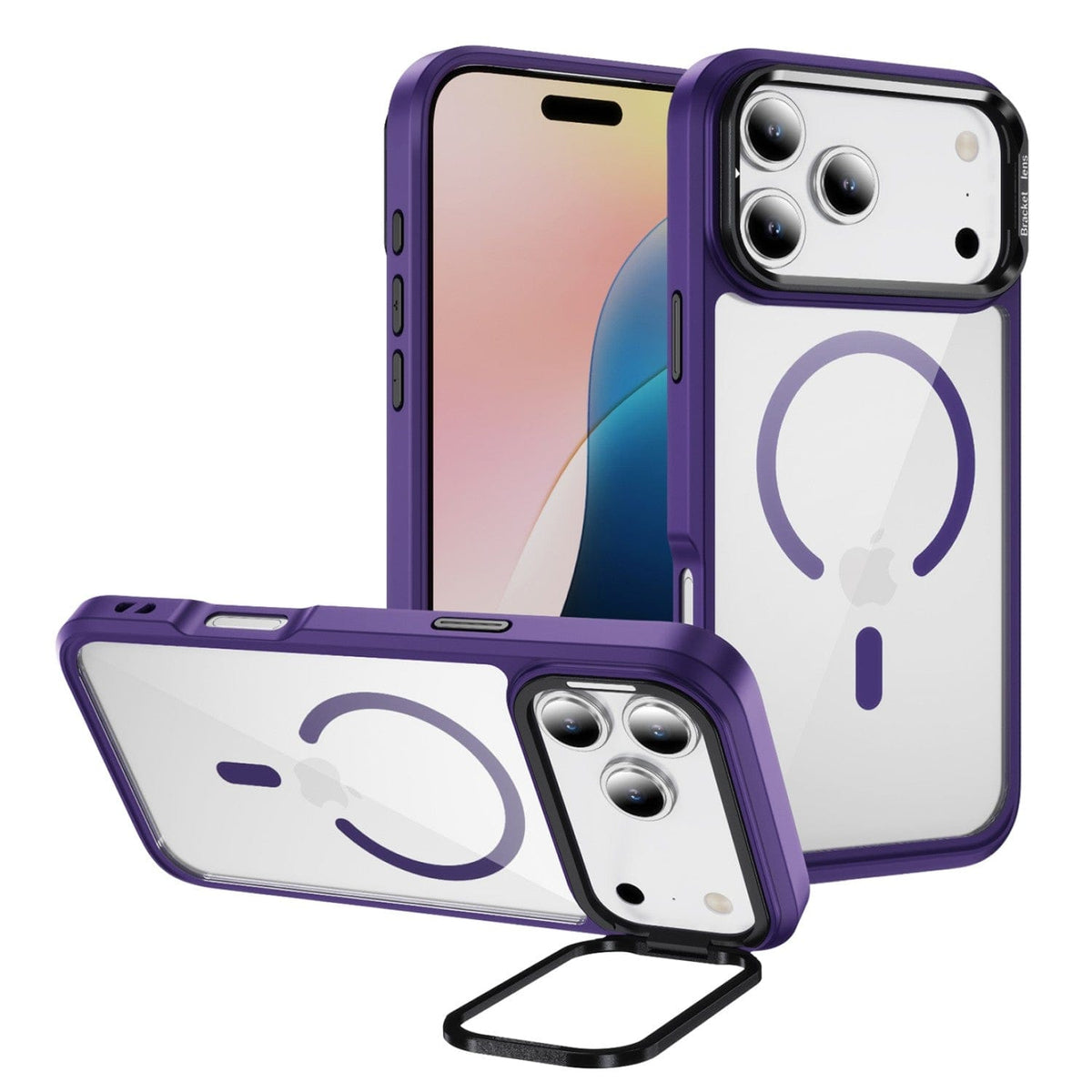 SaharaCase Raider Clear Back Case for iPhone 17 Pro — purple front rear and stand views