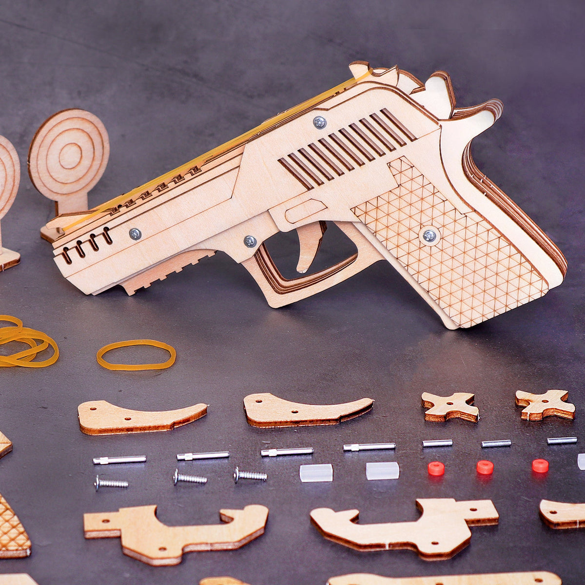 Kitsville Rubber Band Launcher Building Kit — assembled launcher with targets and parts