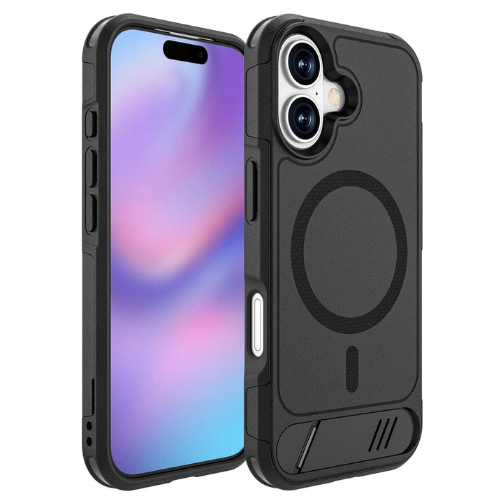 SaharaCase Venture Kickstand Case for iPhone 17 — black front and rear views