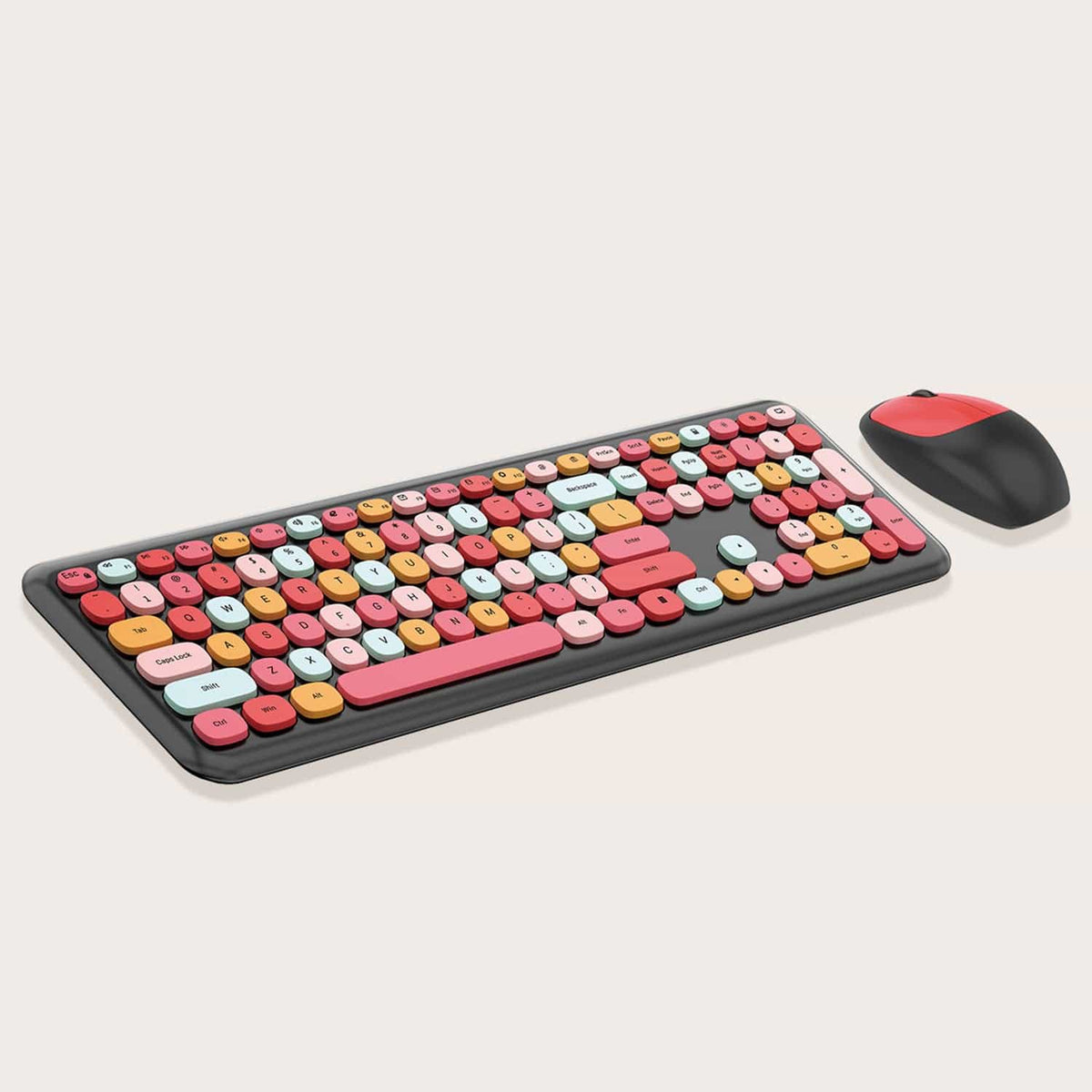 Angled view of KB2 black keyboard and matching red/black mouse