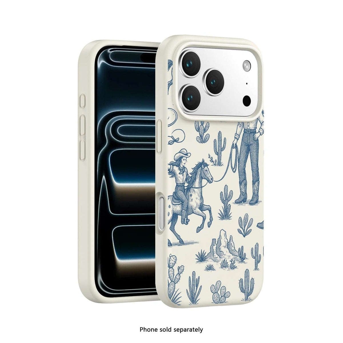 SaharaCase Inspire Silicone Case for iPhone 17 Pro — blue desert patterned front and rear views