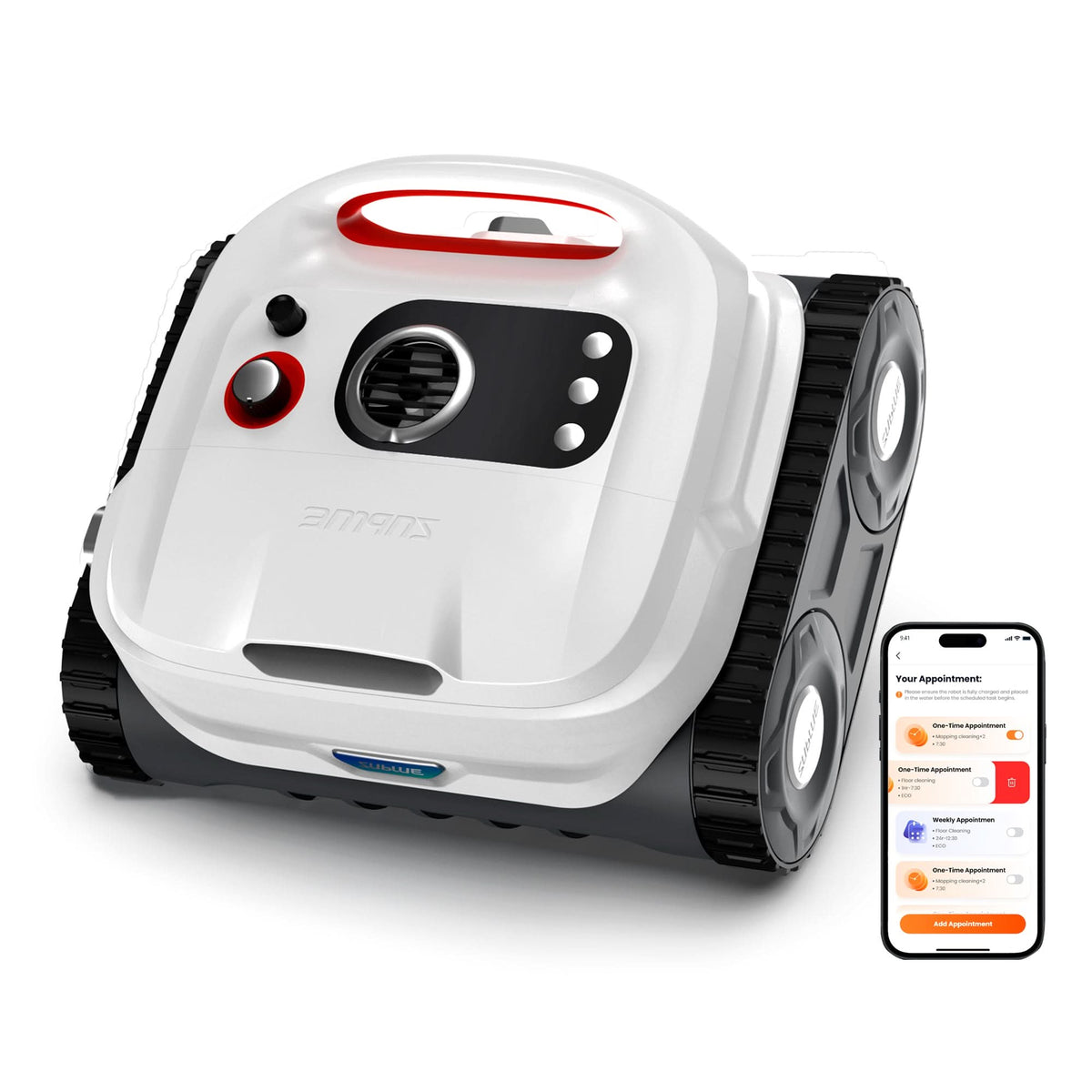 Sublue BN Pro robotic pool cleaner with a phone displaying its control app