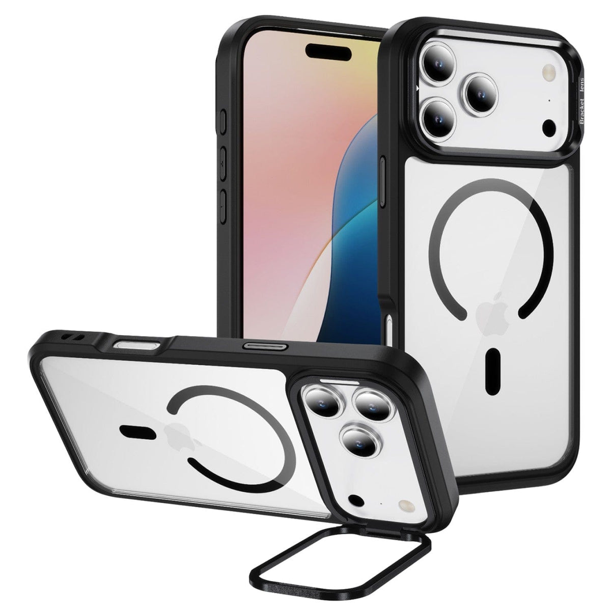 SaharaCase Raider Clear Back Case for iPhone 17 Pro — black front rear and stand views