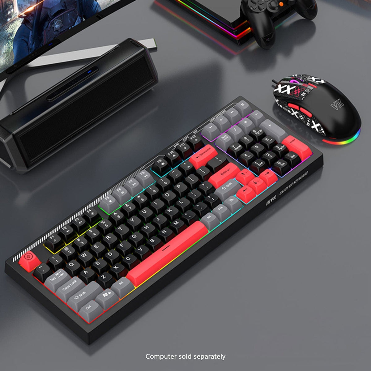 KB30 red-accent keyboard and mouse on a gaming desk