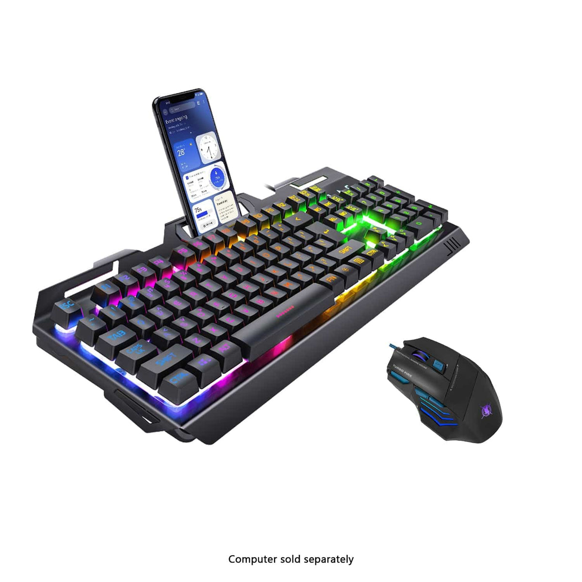 Angled KB37 keyboard and wired mouse; phone not included