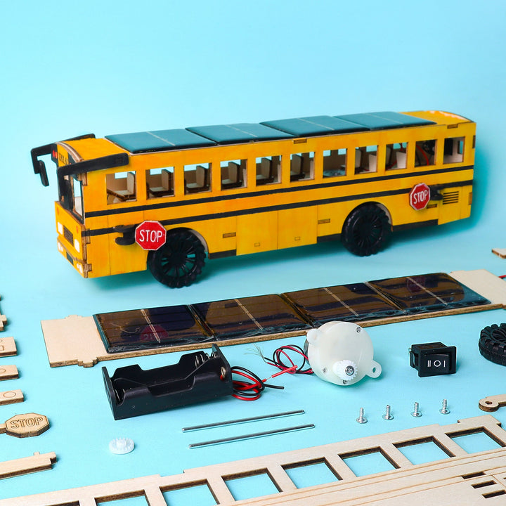 Kitsville Battery & Solar School Bus STEM Kit — painted bus with parts