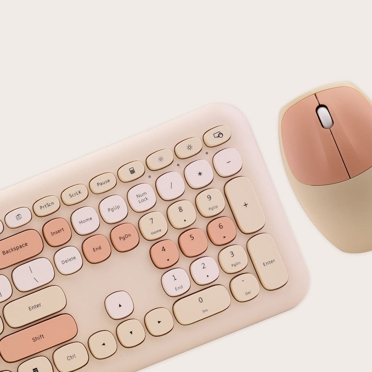 Close-up of SaharaCase KB7 beige rounded keys and matching mouse