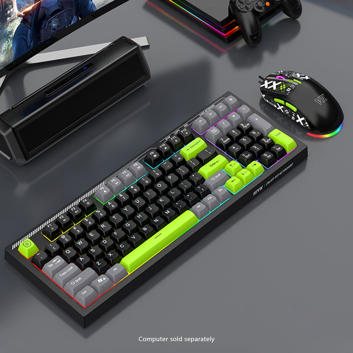KB31 green-accent keyboard and mouse on a gaming desk